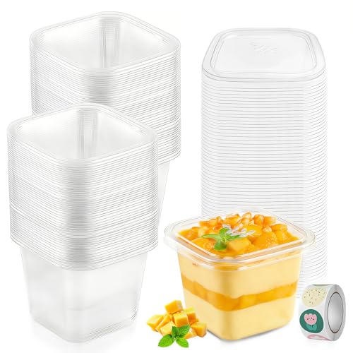 Kokoie 50 Stück Dessertbecher plastik mit deckel 400ml Wiederverwendbar Transparent Desserttassen Runden Dessertschalen für Desserts Pudding Mousse Eis Zuhause (50 400ml)
