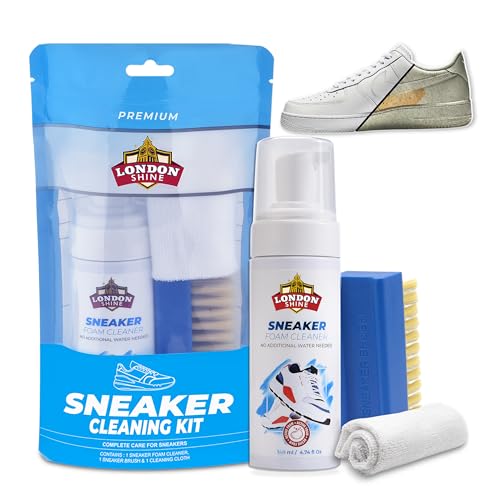 London Shine Sneaker Cleaning Kit – 140ml Water-Free Foam Shoe Cleaner with Brush & Microfiber Cloth | Deep Cleaner for White Shoes, Trainers, Sneakers & Boots | Safe for Men & Women