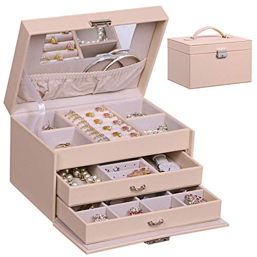 ANWBROAD Caja de joyería de 24 secciones organizador de joyas caja de almacenamiento con espejo de bloqueo para niñas caja de joyería para pendientes anillos collares pulseras pendientes Rosa JJB002F