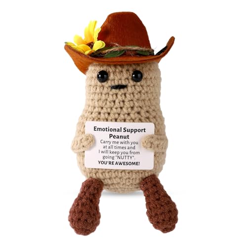 TOYMIS Motivierende Erdnuss Häkelpuppe, 11,5cm Emotionaler Beistand Cowboy-Erdnuss Strickpuppe mit Inspirierender Karte Lustig Aufmunterndes Geschenk zum Geburtstag Wohnkultur