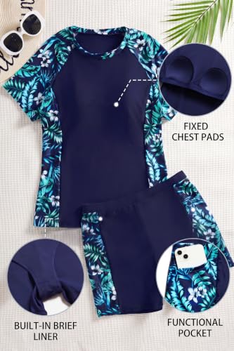 Image of Daci Short Sleeve Rash Guard 2 Piece Swimsuits with Bord Shorts | Sun Protection,Two Pockets,Clolor Block,High Waisted Short,High Neck,Quick Dry
