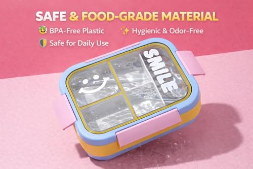 Image of Kids Bento Lunch Box with one Folding Spoon | Leakproof BPA-Free Tiffin Box for School | Cute Smile Design Food Storage Container for Boys & Girls