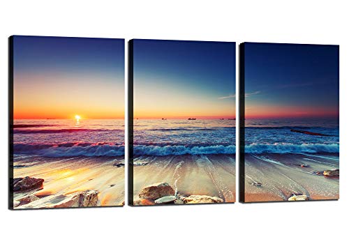 KAWAHONE White Ocean Beach Sunrise Canvas Wall Art for Home Decor with Deep Blue Sky Beach Decor Painting Landscape on Canvas Print Pictures Ready to Hang Each Panel 12x16inch 3Panels
