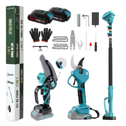 Tijeras de Podar Electricas 40mm + Motosierra bateria + Pértiga Telescópica 4,5 m + 2 Baterías 21 V | Lubricación Automática | Kit de poda jardineria