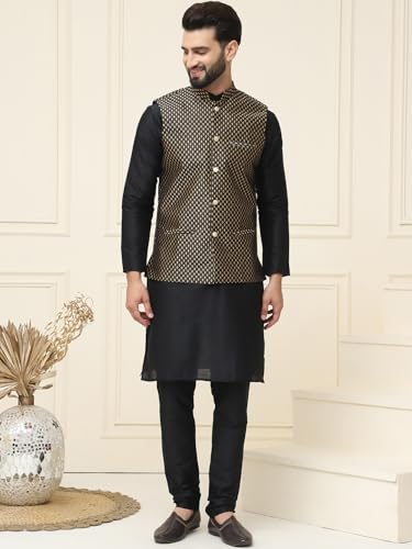 Image of SOJANYA (Since 1958 Men's Silk Blend Kurta Pyjama & Self Design Nehru Jacket Combo