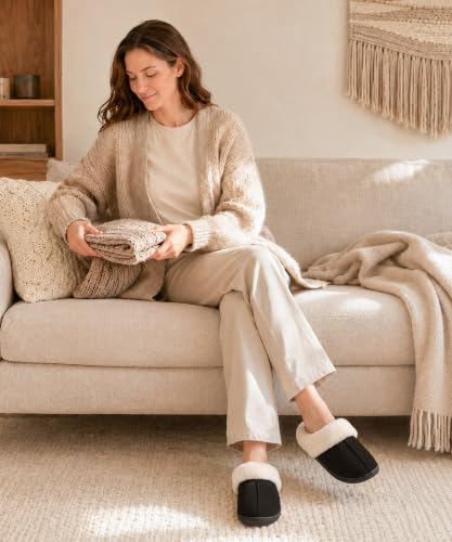 Image of Evshine Women's Memory Foam Fuzzy Slippers Cozy House Shoes | Wool-Like Faux Fur Lining, Non-Slip rubber sole, Warm Winter Slippers Indoor & Outdoor, Great Christmas Gift