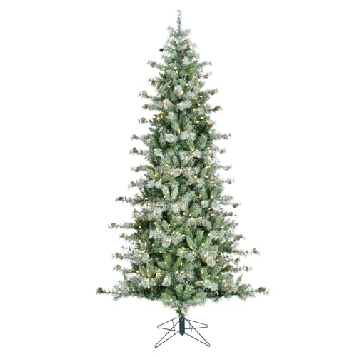 Fraser Hill Farm 7.5-Ft Buffalo Fir Slim Artificial Christmas Tree with Warm White LED Lights, Prelit Foldable Fake Tree with Realistic Snowy Foliage and Pinecones for Home Decoration