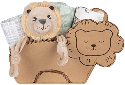 My Tiny Moments Welcome Baby Lion Shaped 5 Piece Gift Set, Includes 3 Flannel Swaddle, Lion Security Blanket, and A Lion Shaped Storage Container