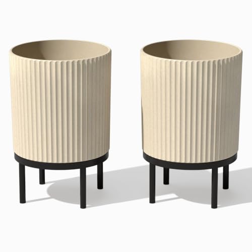 Image of Veradek Demi Series Raised Planter - Round Planter with Stand | Made From a Durable Plastic-Stone Composite & Comes With Wooden Stand. Modern Porch /Patio Decor