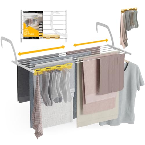 Newlux - Tendedero Balcón Extensible Flex V9 de Acero INOX (+/- 52.5-92,5x35x17cm). Tendedero barandilla Plegable con Capacidad 9M y 7kg. Accesorio Calcetines. Ideal Interiores y Exteriores, Blanco