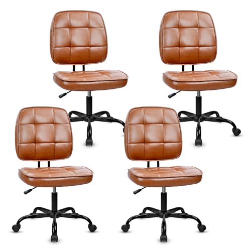 Image of CLATINA Armless Home Office Chair with Lumbar Support and Wheels, Small PU Leather Ergonomic Low Back Desk Chairs No Arms, Adjustable Height 360 Swivel Rolling Computer Task Chair, Brown, 4 Pack