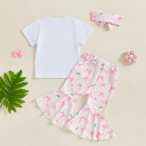 Toddler Baby Girl Golf Outfit Short Sleeve CrewNeck Bow T-Shirt Golf Print Flare Pants Headband 3Pcs Summer Clothes3