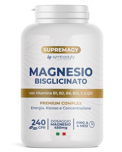 SUPREMAGY MAGNESIO BISGLICINATO 450mg (Fornitura 4 Mesi) 240 CPR - Magnesio Completo | Vitamina B12, B1, B2, B6, C e Coenzima Q10 | Integratore Stanchezza Fisica e Mentale - Vegano e Made in Italy