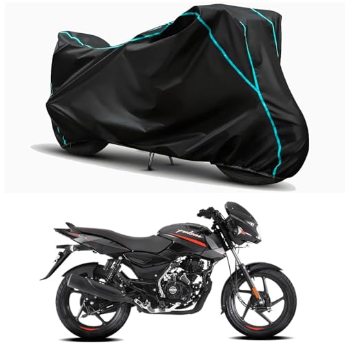 Image of Waterproof Bike Body Cover Compatible for | Bajaj Pulsar 125-Drum | Taffeta Fabric, Sky Piping Design, Bottom Elastic Fit | Dustproof, Sun UV & Rain Protection for All Weather.