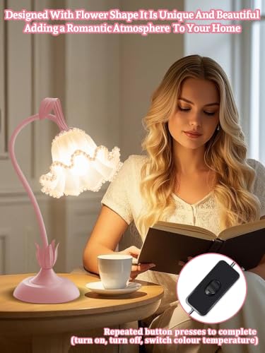 Image of Flower Table Lamp Bedside Lamps LED Reading Light,3 Color Modes Cute Small Lamp,Vintage Flower Lamp Kawaii Table Lamp for Bedroom Living Room Office Dorm Desk Home Decor (Pearl Pink lamp)