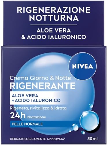 NIVEA Crema Giorno & Notte Rigenerante 50 ml, Crema idratante viso con Aloe Vera e Acido Ialuronico per 24h di idratazione rigenerante, Skincare ad assorbimento rapido per pelle normale