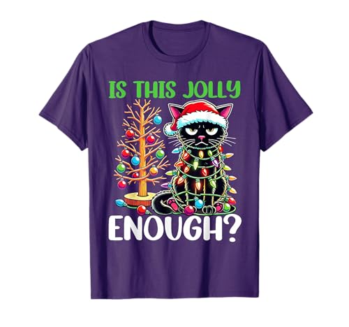 Is This Jolly Enough Funny Black Cat Christmas Tree Lights T-Shirt