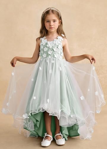 Girls Spaghetti Straps 3D Flowers Applique Flower Girl Dresses Asymmetrical Tulle Formal Dress4