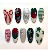 IMRAIN Green Press on Nails Mediun Almond Fake Nails Glossy Artificial False Nails with Snowflake...