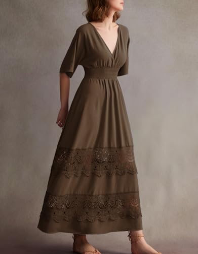 Image of Olaesa Boho Maxi Dress V Neck Short Sleeve Lace Smocked Waist Flowy Dress | Wedding Guest Dress with Pockets, Summer Bohemian Vacation Dress, Elegant Party Dress for Family photo& Baby Shower