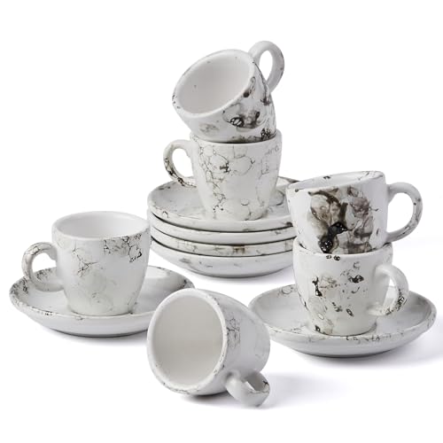 SIDUCAL Espresso Cups Set of 6, 2 Ounce Ceramic Coffee Cups with Saucers, Porcelain Double Espresso Shot Cup Set (White)
