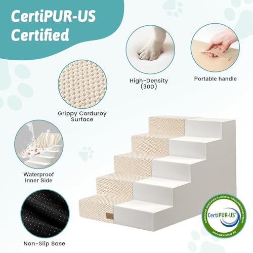 Image of COZY KISS Dog Stairs for Small Dogs 17.7 inch H, 5-Step Gentle Incline Pet Step for Couch and Beds, Right-Angle Dog Ramp for Puppy Doggie Senior Cats, 17.7x29.5x17.7 Inch, Beige