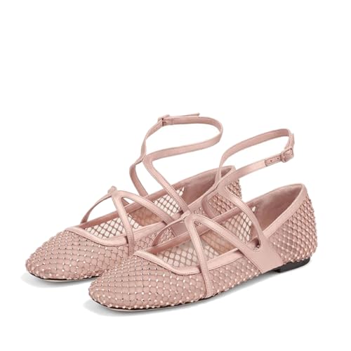 Women's Rhinestone Mesh Ballet Flats Square Toe Crystal Leather Ankle Strap Buckle Ballerina Shoes Fashion Causal Mary Jane Shoes
