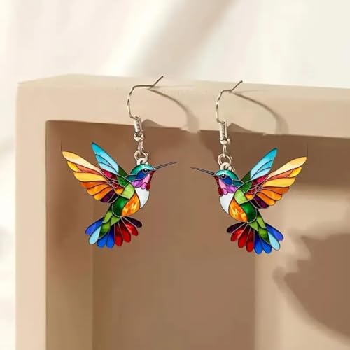 Hummingbird Earrings for Women, 925 Sterling Silver Hypoallergenic Dangle Colorful Cute Bird 2D Novelty Drop, Acrylic Gold Plated Animal Dangling Lightweight Valentines Trendy Jewelry3