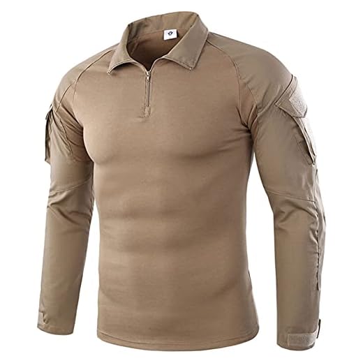 Uugood Chemise de Combat Homme Chemise Militaire Homme Tactique T-Shirt Chemise à Manches Longues Chemise Camouflage pour la chasse Airsoft Randonnée Paintball, Kaki, XXL