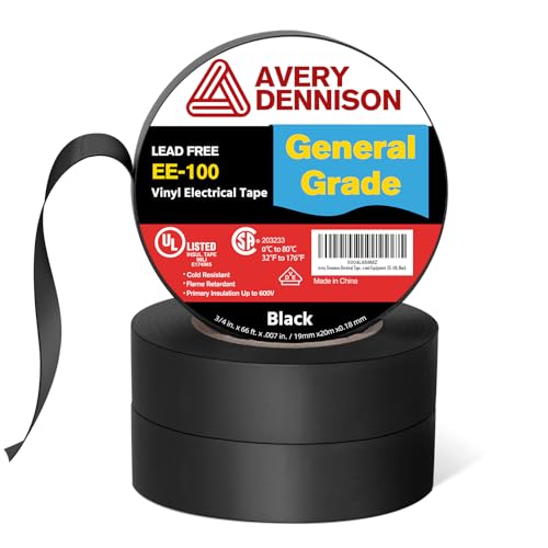 Image of Avery Dennison Electrical Tape, 3 Rolls General Use PVC Electric Tape, UL /CSA Listed in x 66 ft Insulating Vinyl Tape for Electrical, Repairs, Automotive and Equipment, EE-100, Black