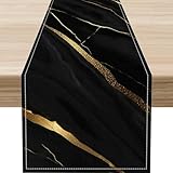Marble Table Runner,Black Gold Modern Marble Abstract Pattern Textures Printed Linen Coffee Table Center Decor Family Kitchen Outdoor Farmhouse Holiday Party Table Decorations 13x72 inch
