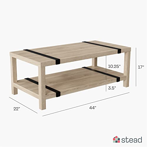 Stead Industrial Rectangular Wood Coffee Table 2023 Collection - Living Room Furniture- Modern Home Decor - Powder-Coated Metal Details (White Washed Oak) #TOP1
