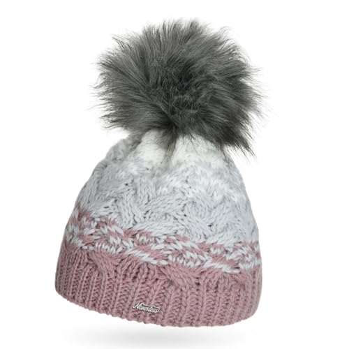 Neverless® Damen Strick-Mütze mit Fleecefutter Fell-Bommel Kunstfell Wintermütze Bommelmütze Grobstrick Mehrfarbig rosa-hellgrau-Creme Unisize