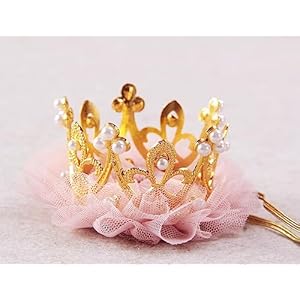 Nishine Gold/Silver Crown Headband for Dog Cat Pink Tulle Mesh Crown Tiara Pet Crown Hairband Hat Party Costume (Pearl&Gold) Nishine GoldSilver Crown Headband for Dog Cat Pink Tulle Mesh Crown Tiara Pet Crown Hairband Hat Party Costume PearlGold