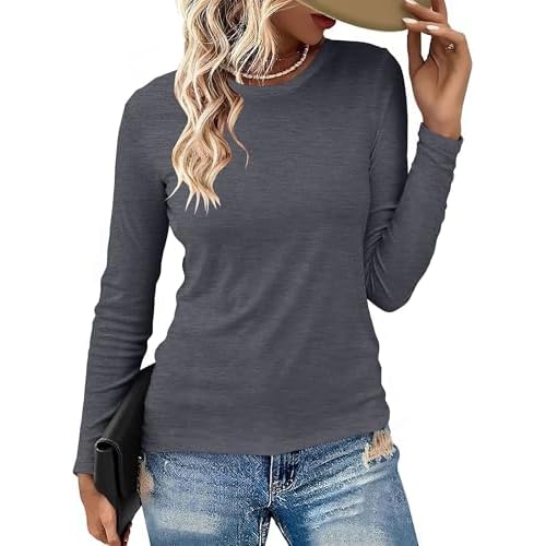 Long Sleeve Shirts for Women Basic Crew Neck Fall Tops Casual Fit T Shirts, Black Grey, S