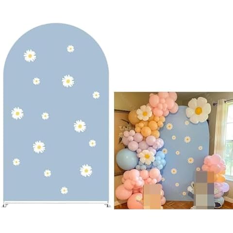 KONPON Daisies Arch Backdrop Fabric Cover Blue Arch Backdrop Stand Covers for Retro Groovy Birthday Party Baby Shower Decoration Cover