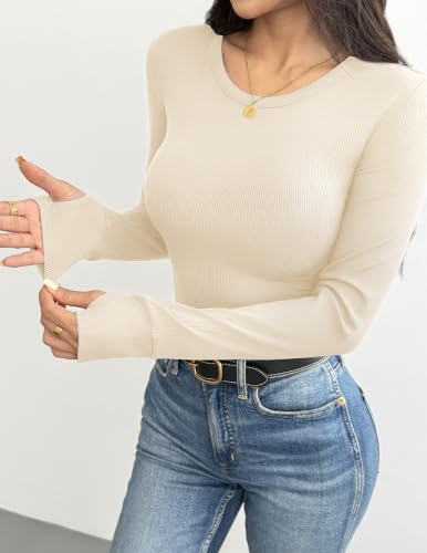 Ekouaer Long Sleeve Shirts for Women Ribbed Base Layer with Thumb Holes - image 2