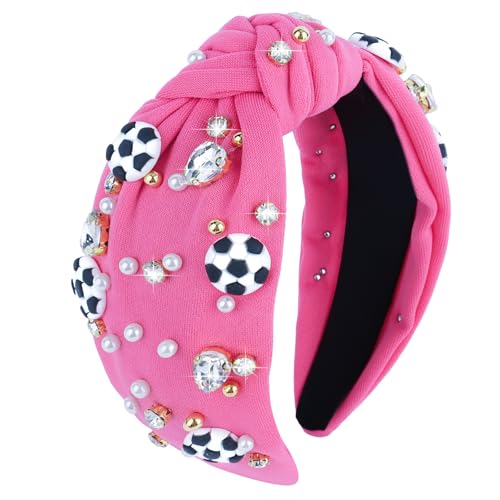 YARIEW Hot Pink Soccer Headband for Women - Wide Knotted Jeweled Top Knot Headband - Game Day Sports Fan Accessory