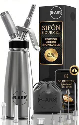 B-ARS Dispensador Crema Batida Profesional Acero Inoxidable 500ml Incluye Boquillas Decorativas Cepillo Limpieza(NO INCLUYE CAPSULAS DE N2O) Ebook Recetas Cocina Espumas Postres Fáciles y Creativos