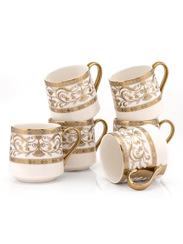 Image of Clay Craft Fine Ceramic Gold Printed Coffee /Tea Cups Set of 6-200 ml Each, Ceramic Tea Mugs, Tea Cup Set of 6, Mugs for Coffee, Cups Set of 6, Mug Set, Ideal for Gifting, Perfect for Home and Office