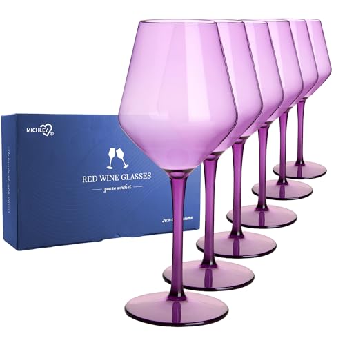 MICHLEY Colored Wine Glasses Set of 6 Long Stem Red White Tritan-Plastic Glassware Gift 15oz for Outdoor Home Party, Purple