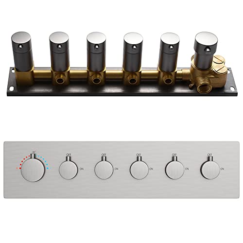 AYIVG 5 Functions Shower 6 Handles Valve Trim Kit Brass Shower Diverter Thermostatic Valve Pressure Balanced Mixer in Brushed Nickel Can Use All Function At a Time Flow Can Be Controlled