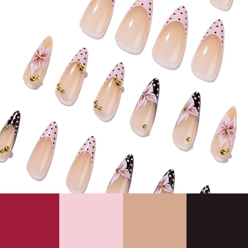 3D Flower French Tip Press On Nails Medium Almond, Pink & Brown Polka Dots Fake Nails with Gold Bead Accents Full Cover Glue On Nails False Nails for Women 12Sizes-24 Nail Kit — view 3