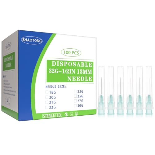 Image of 32 Gauge 1 /2 Inch Needles Luer Lock Disposable Lab Supplies, Pack of 100 | SHAOTONG 32G 1 /2 inch 13mm Needle with Cap for Liquids Measuring or Refilling, Sterile, Individually Wrapped