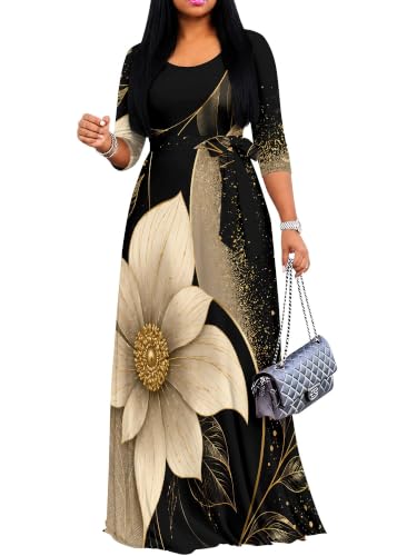 Image of Women's V Neck Floral Maxi Dress 3 /4 Sleeve Plus Size Boho Wrap Flowy Long Dresses with Belt