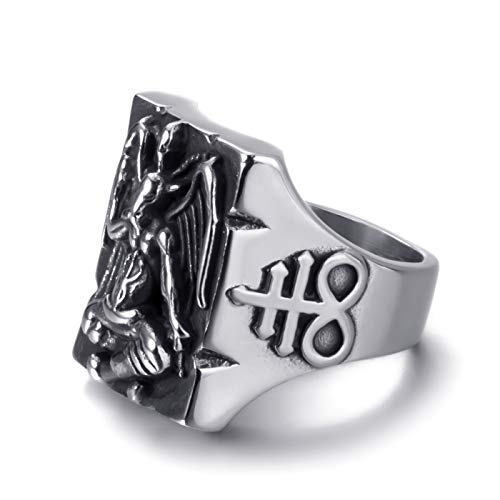 Elfasio Stainless Steel Ring For Men Satanic Baphomet Goat Satan Demon Devil Leviathan Cross Pentagram Rings Symbol Vintage Jewelry Size 10 #TOP3