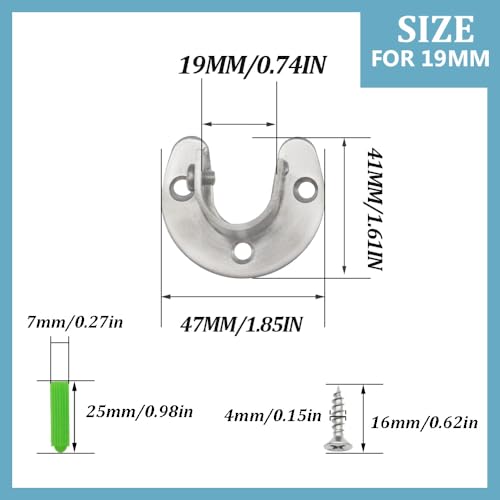 Hocansen 2 Stück Rundrohr Halterung 19mm U-Form Kleiderschrank Stangenhalter 304 Edelstahl Schrankstange Halterung mit 6 Stück Schrauben Stangen Flansch Set for Kleiderschrank, Fenster (FL-K/19mm)