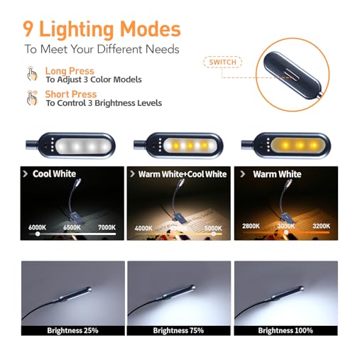 Image of VAVOFO Rechargeable Book Light for Reading in Bed Kids, 7 LED Reading Light with 9-Level Warm Cool White Daylight, Eye Care Lamp with Power Indicator for Bookworms (Metallic Grey)