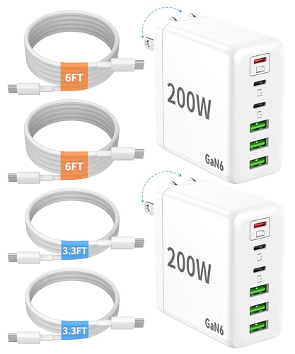 2 Pack USB C Charger Block, 200W GaN Super Fast Charger Type C iPhone 17 16 Fast Charging 6 Port Foldable PD Charging Station for All iPhone/Android Phone Samsung Galaxy S25/S24/MacBook iPad