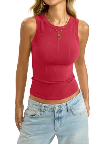 Image of EasyGala Womens Ribbed Seamless Tank Knit Crew Neck Shirt Summer Fitted Sleeveless Top Casual Basic High Neck Clothes